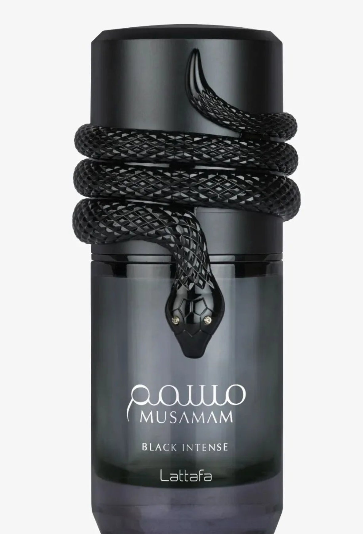 Black perfume bottle with snake design labeled 'MUSAMAN BLACK INTENSE' by Lattafa on a white background.
