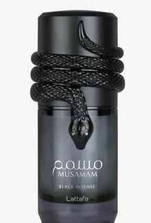Lattafa Musamam Black Intense perfume bottle with a coiled black snake design