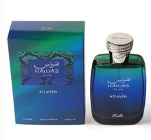 Hawas Atlantis For Him Arabian oud perfume bottle and box with blue green gradient design
