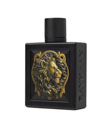 Matte black perfume bottle with embossed gold lion head and 'RAYHAAN' lettering, Arabian oud fragrance.