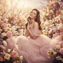 Woman in a pink tulle dress holding perfume bottle, surrounded by blooming flowers, radiant light