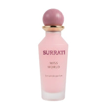 Surrati Miss World Extrait de Parfum in a frosted pink bottle with gold and mauve cap