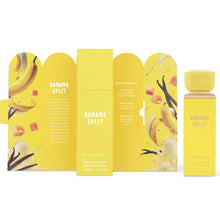 Banana Split Eau de Parfum by Gulf Orchid, yellow box and bottle with banana, vanilla, and caramel design.