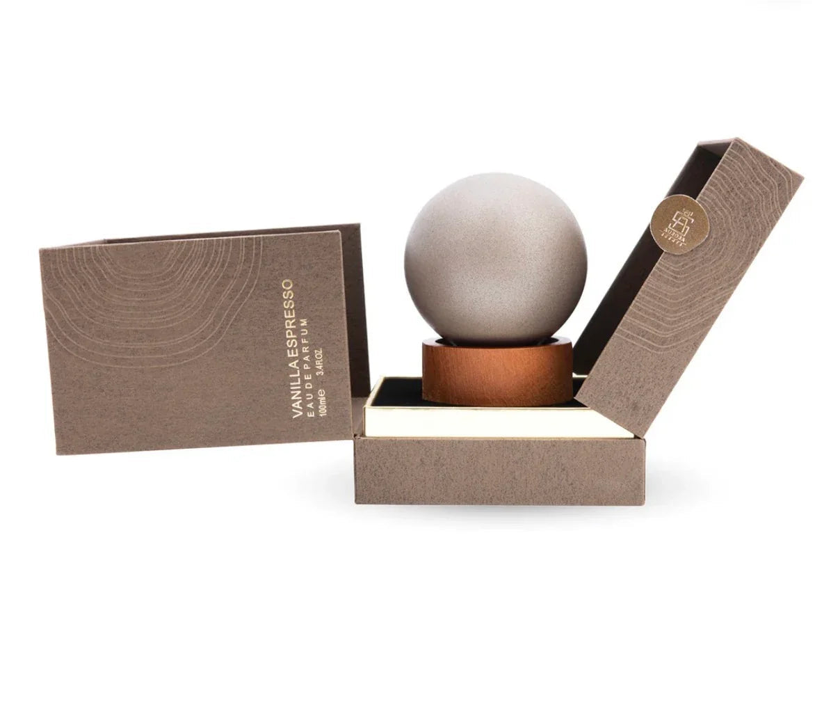 Vanilla Espresso eau de parfum in a spherical bottle with elegant brown gift box