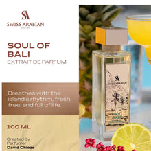 Soul of Bali Extrait de Parfum bottle with tropical fruit and greenery, 100ml luxury Arabian perfume.