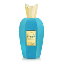Blue Zimaya Rabab eau de parfum bottle with gold cap and label on white background