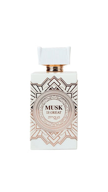 White and gold bottle of Zimaya Musk Is Great Arabian perfume with geometric design