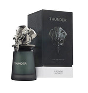 Perfume bottle and packaging with 'Thunder' branding on a white background