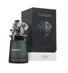 Thunder eau de parfum bottle with metallic elephant head cap and matching black box.