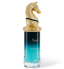 Aseel Maison Asrar Arabian oud perfume bottle with gold horse head cap on white background.