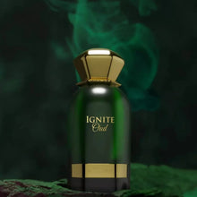Ignite Oud perfume bottle with gold cap, green glass, and smoke effect, luxury fragrance
