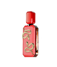 Red Arabian oud perfume bottle with gold snake design, luxury fragrance display
