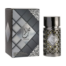 Jazzab Arabian oud perfume bottle and packaging with silver geometric pattern