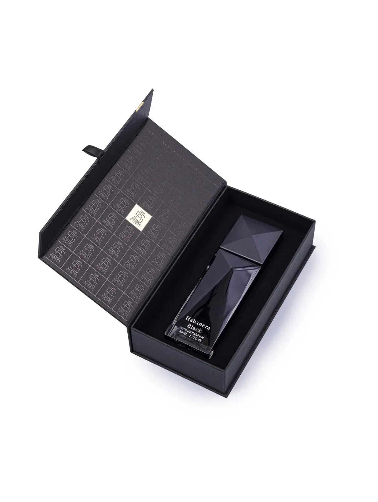 Habanera Black Arabian oud perfume in a geometric black bottle inside an open luxury gift box