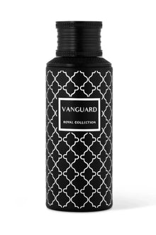 Black Arabian oud perfume bottle with white geometric pattern, Vanguard Royal Collection label