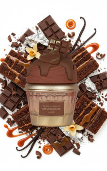 Lattafa Choco Overdose Give Me Gourmand perfume bottle with chocolate, brownies, caramel and vanilla.