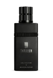 Black perfume bottle labeled 'Thriller' by CAL Cologne x Maison Asrar on a white background