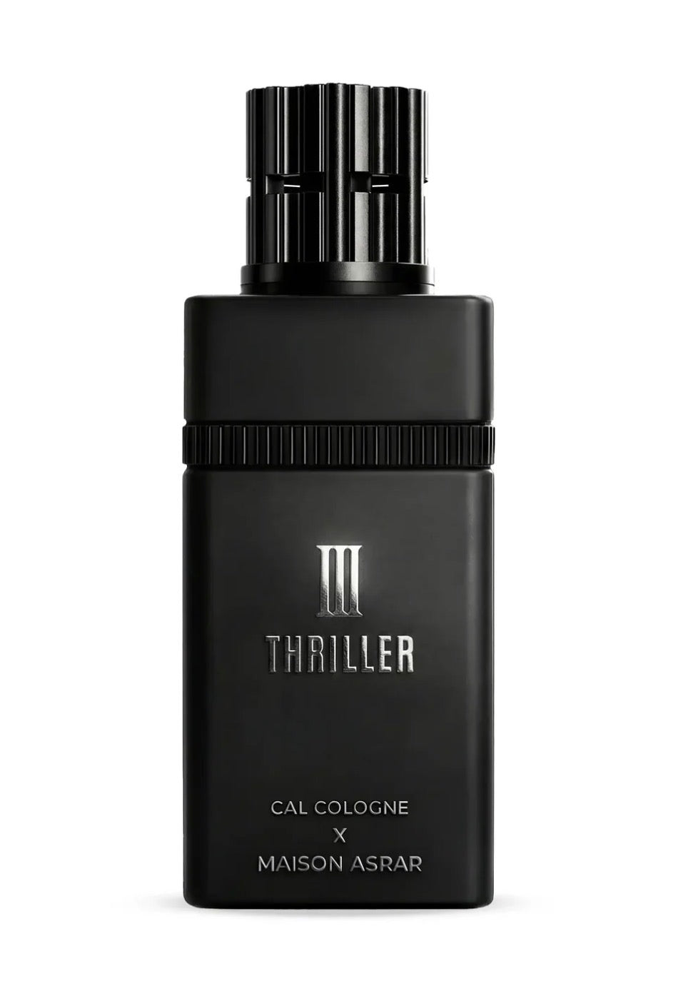 Black perfume bottle labeled 'Thriller' by CAL Cologne x Maison Asrar on a white background