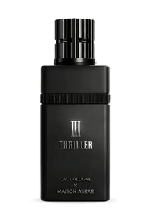 Matte black perfume bottle labeled 'Thriller' CAL COLOGNE X Maison Asrar on white background