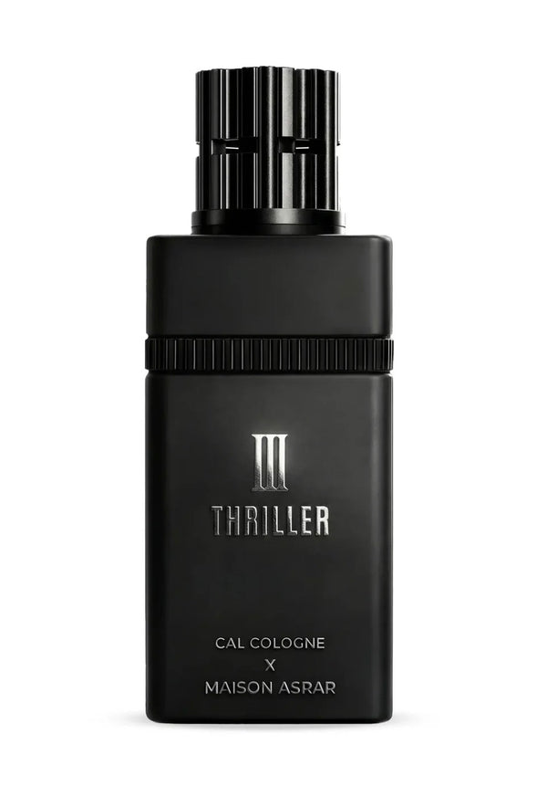 Black perfume bottle labeled 'Thriller' by CAL Cologne x Maison Asrar on a white background