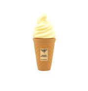Ice cream cone-shaped container with lemon sorbet on a white background
