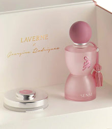 Pink SENSE perfume bottle with tassel and silver lid in luxury gift box, LAVERNE collaboration edition