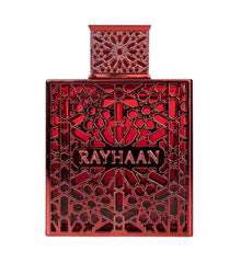 Red Rayhaan Arabian oud perfume bottle with geometric Arabesque pattern.