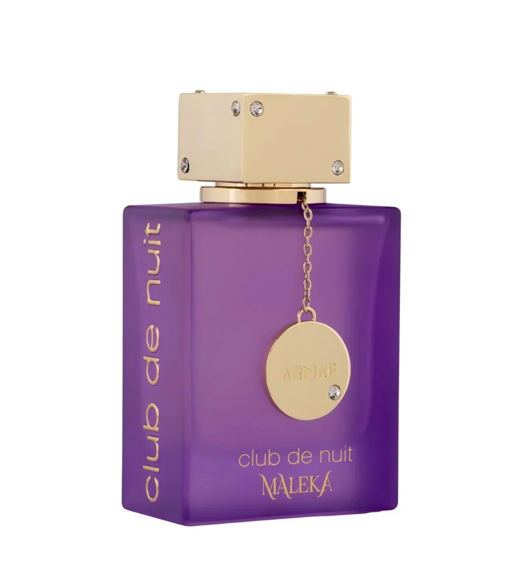 Purple Armaf Club de Nuit Maleka perfume bottle with gold cap and charm, Arabian oud fragrance