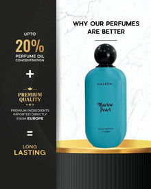 Blue Marine Pearl Arabian perfume bottle with black cap, premium quality, long-lasting fragrance.