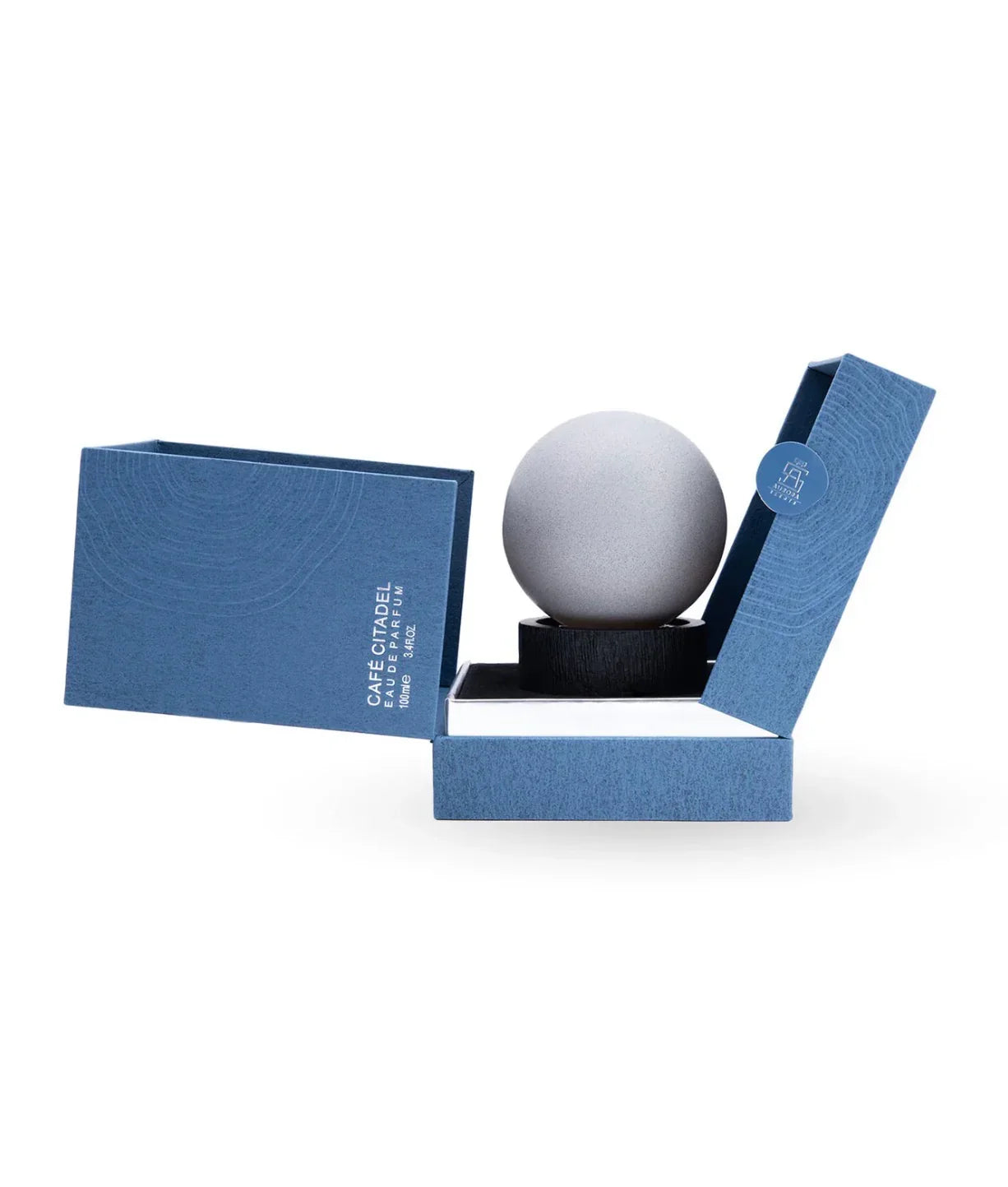 Cafe Citadel Arabian oud perfume in a blue luxury gift box with spherical bottle, Royal Oud