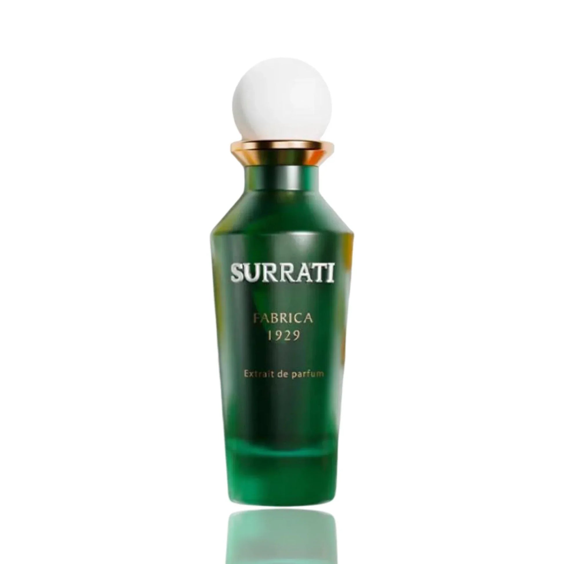 Green Surrati Fabrica 1929 Arabian oud perfume bottle with gold and white cap