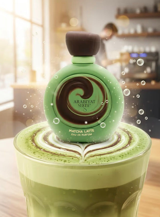Green perfume bottle labeled 'Arabiyat Sheesha' with a matcha latte design on a glass of matcha latte.