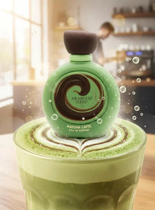 Green Matcha Latte perfume bottle with swirl design on glass of matcha latte in cafe setting