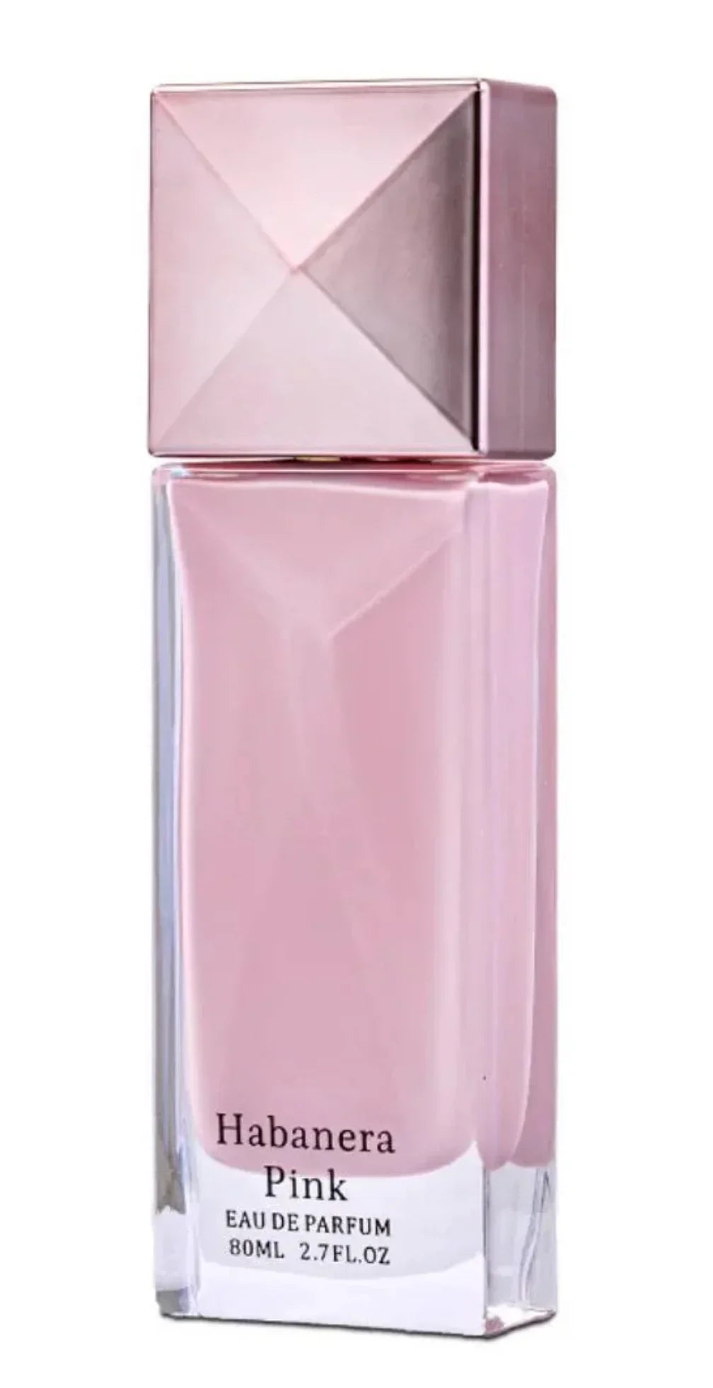 Habanera Pink Eau de Parfum 80ml bottle with pink geometric cap and soft pink liquid.