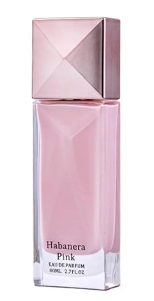 Habanera Pink Eau de Parfum 80ml bottle with pink geometric cap and soft pink liquid.