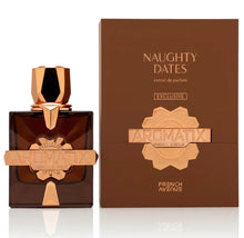 Aromatix Naughty Dates Arabian oud perfume bottle and box, brown and gold design, luxury fragrance.