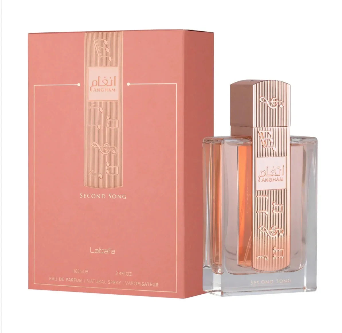 Lattafa Second Song Angham perfume bottle and box, luxurious Arabian oud fragrance.