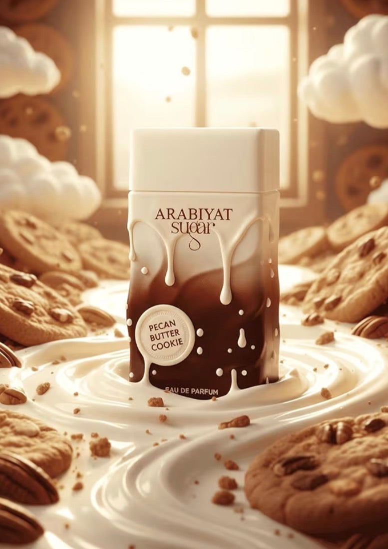 Arabiyat Sugar pecan butter cookie perfume bottle surrounded by cookies and cream.