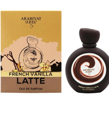 Arabiyat Sugar French Vanilla Latte eau de parfum bottle and box with vanilla flower graphic
