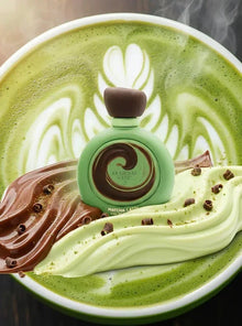Green perfume bottle with chocolate and matcha swirls on a latte background, Arabian oud scent.