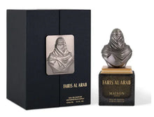 Faris Al Arab perfume bottle with Arabian warrior bust cap beside luxury packaging, eau de parfum.