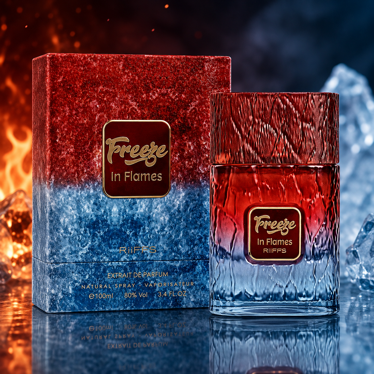 Riffs Freez In Flames Eau de Parfum 100ml bottle highlighting notes of icy mint, warm cinnamon, and amber resin