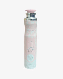 Yara Arabian oud air freshener spray with pink and silver floral design, 300ml can.