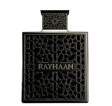 Black Rayhaan Arabian oud perfume bottle with intricate geometric pattern design