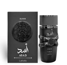 Lattafa Asad Elixir eau de parfum bottle with decorative black gift box, Arabian oud fragrance.