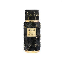 Armaf Old Money perfume bottle with black and gold textured design on white background