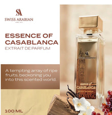 Essence of Casablanca perfume bottle with gold cap, ripe fruits, wood, and white flowers, 100ml.