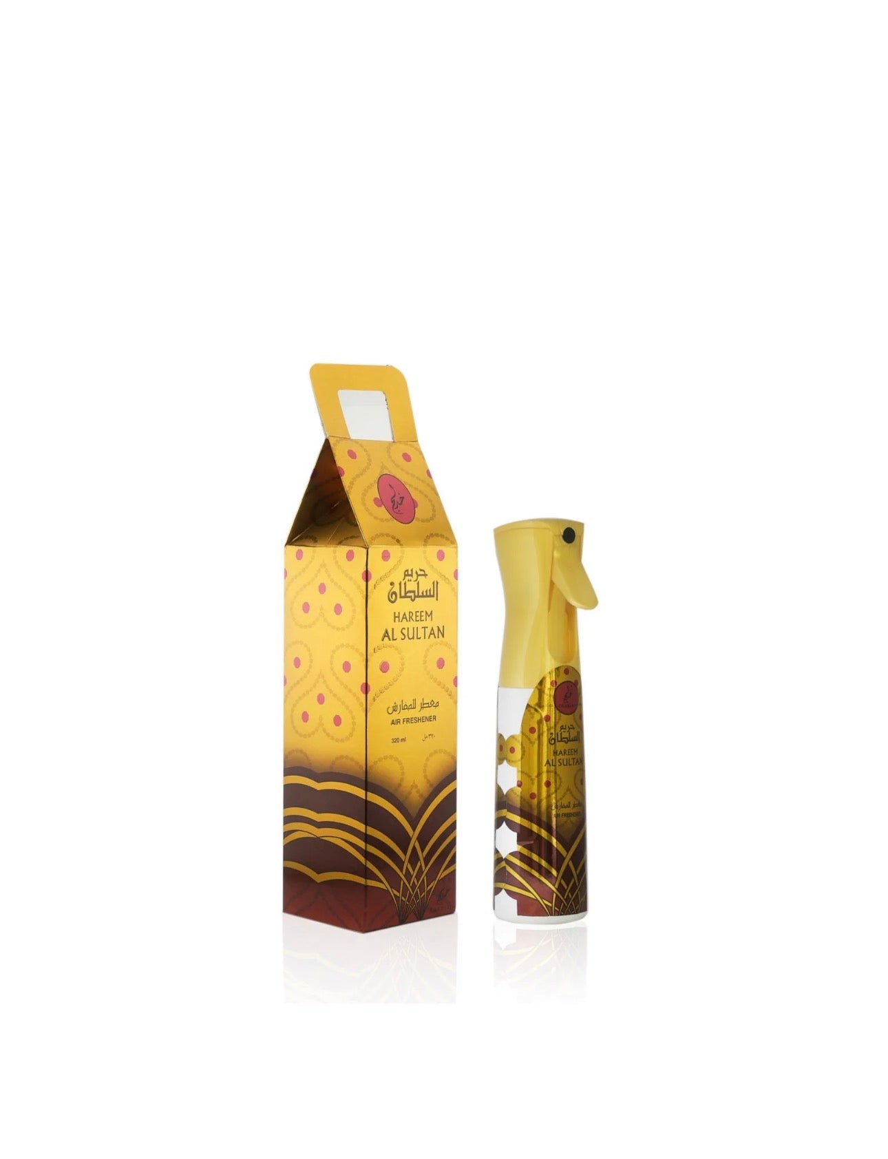 Hareem Al Sultan Arabian oud air freshener spray with yellow and gold decorative box
