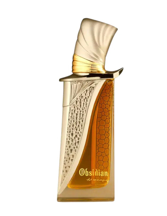 Gold and brown perfume bottle labeled 'Obsidian' on a white background