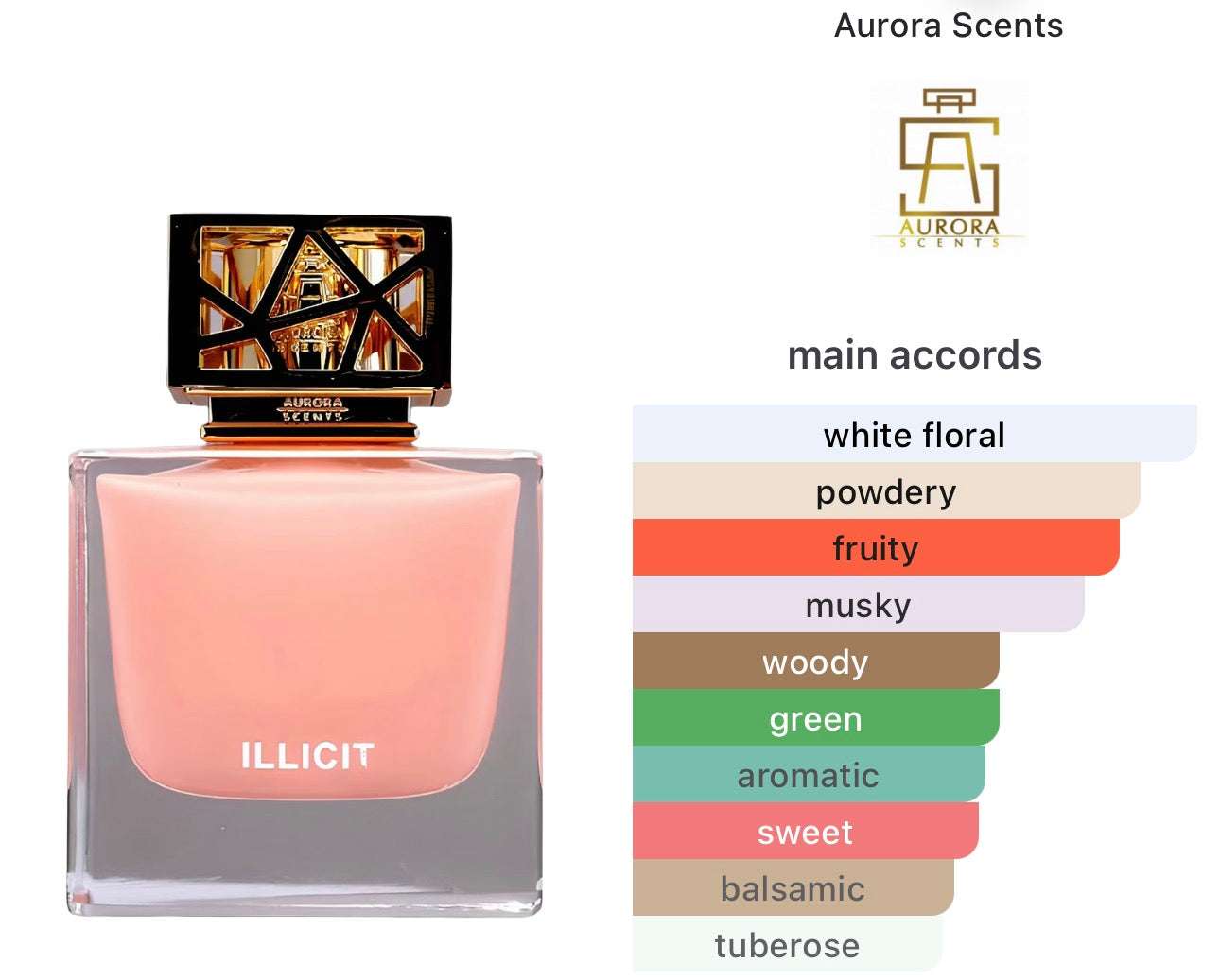 Perfume bottle labeled 'Illicit' by Aurora Scents with color swatches indicating fragrance notes.